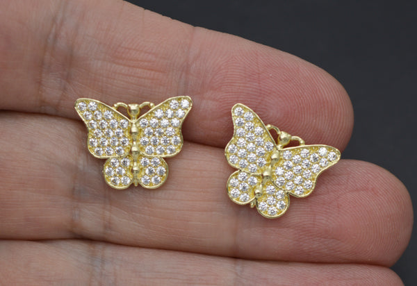 Real 10K Solid Yellow Gold 17.5mm Women Butterfly Pavé CZ Stud Earrings 3.4gr.jpg