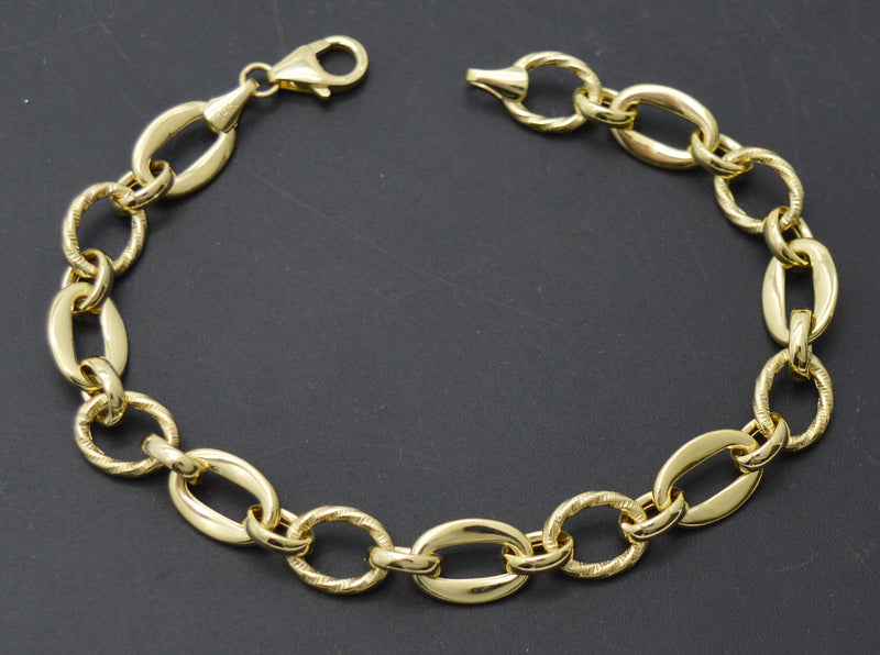 Real 14K Yellow Solid Gold Shiny 7.5" Oval With Rolo Linked Chain Bracelet 4.9gr