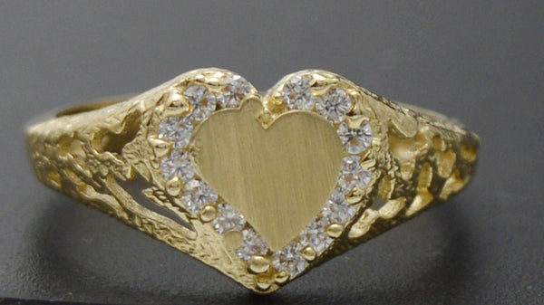 Real 10K Solid Yellow Gold Shiny CZ Heart Charm ID Ring + Engraving 2.0 grams