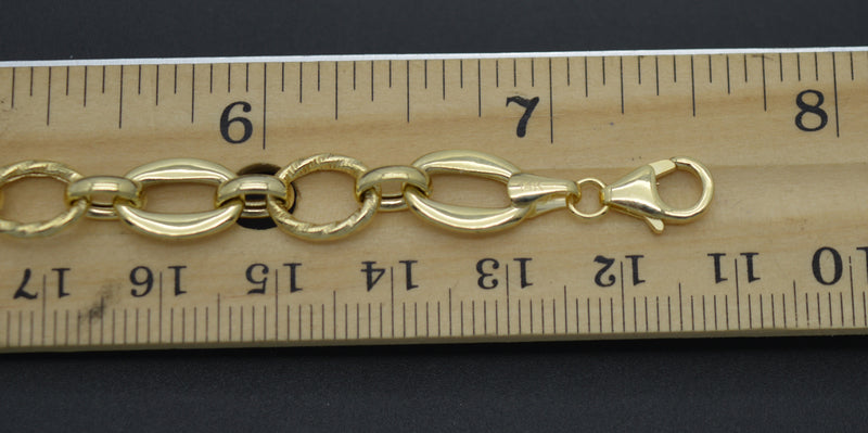 Real 14K Yellow Solid Gold Shiny 7.5" Oval With Rolo Linked Chain Bracelet 4.9gr