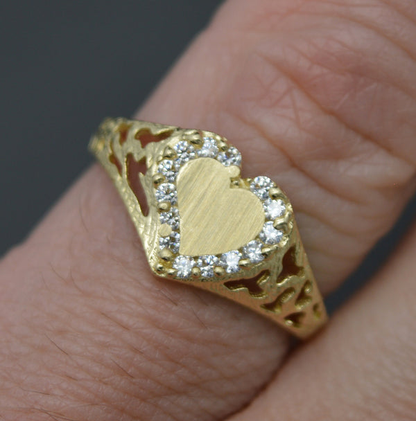 Real 10K Solid Yellow Gold Shiny CZ Heart Charm ID Ring + Engraving 2.0 grams