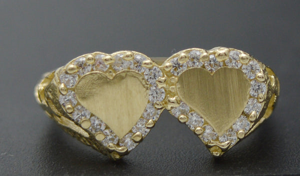 Real 10K Solid Yellow Gold Shiny CZ Double Heart Charm ID Ring + Engraving 2.6gr