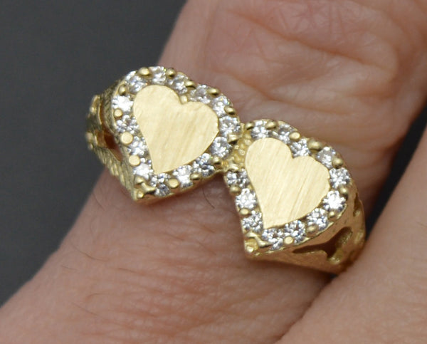 Real 10K Solid Yellow Gold Shiny CZ Double Heart Charm ID Ring + Engraving 2.6gr