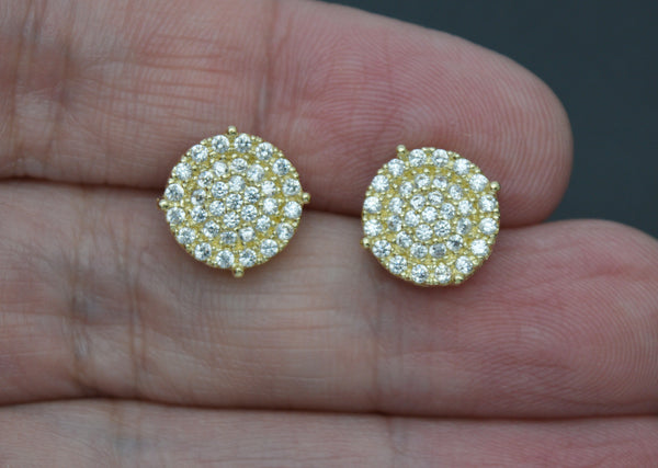 Real 10K Solid Yellow Gold 11.1mm Men's Halo Round Cut CZ Stud Earrings 3.5gr.jpg