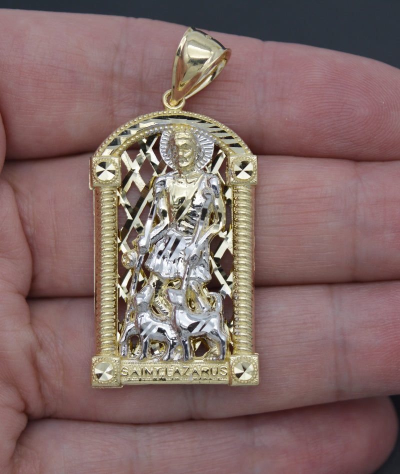 Real Solid 10K Yellow White Gold Shiny Diamond Cut Saint Lazarus Pendant 10.0gr