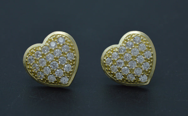 Real 10K Solid Yellow Gold 14.2mm Women Shiny Heart Pavé CZ Stud Earrings 3.8gr.jpg