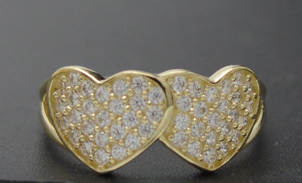 Real 10K Solid Yellow Gold Shiny CZ Charm Double Heart Ring 2.3gr All Sizes