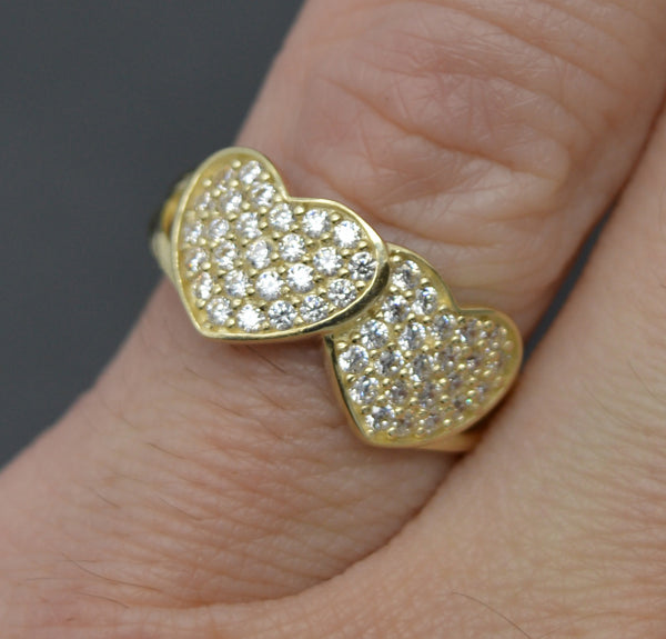 Real 10K Solid Yellow Gold Shiny CZ Charm Double Heart Ring 2.3gr All Sizes