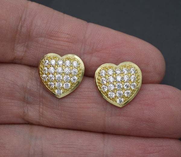 Real 10K Solid Yellow Gold 14.2mm Women Shiny Heart Pavé CZ Stud Earrings 3.8gr.jpg