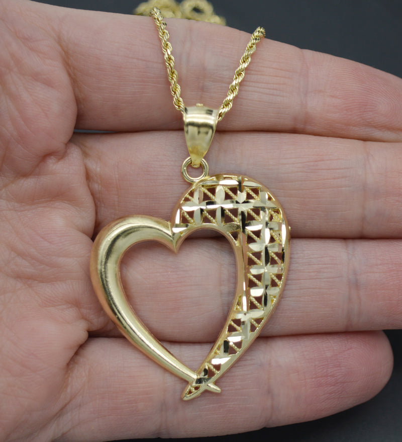 Real 10K Solid Yellow Gold Half Diamond Cut Heart Pendant + Rope Chain 4.0gr