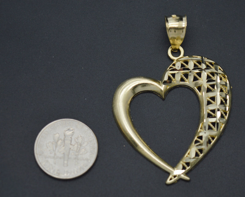 Real 10K Solid Yellow Gold Half Diamond Cut Heart Pendant + Rope Chain 4.0gr