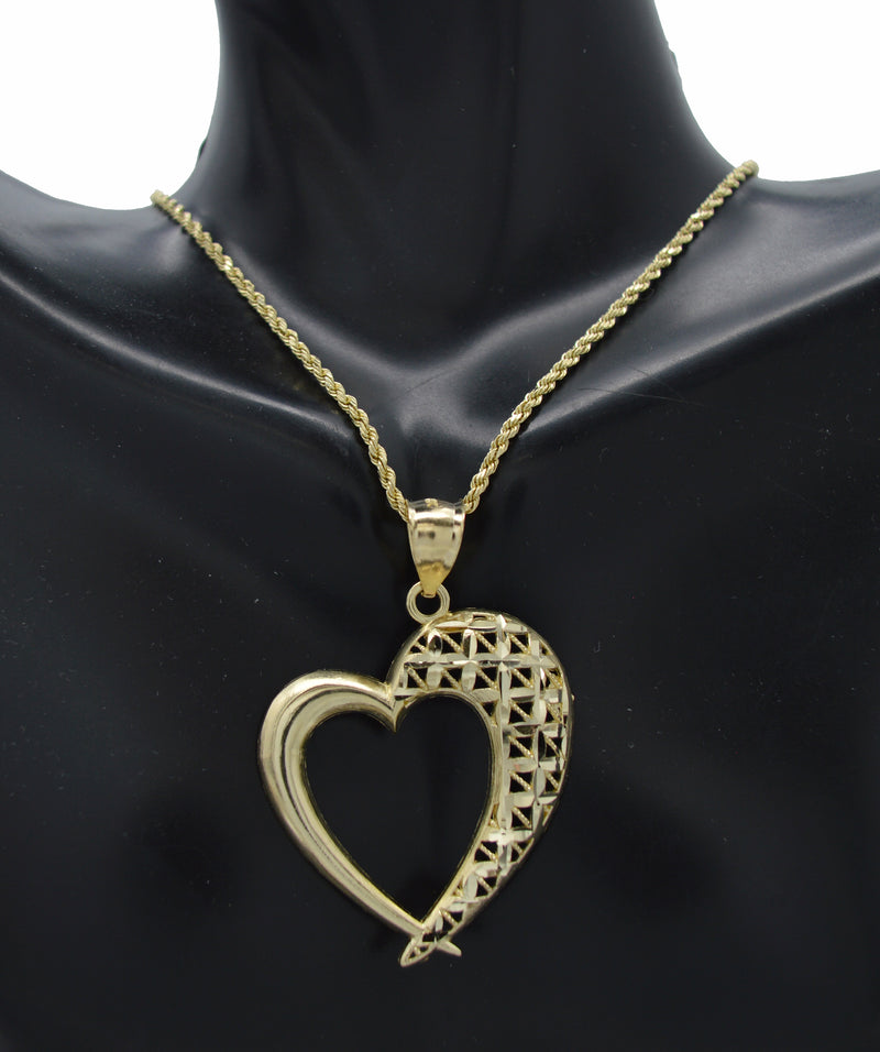 Real 10K Solid Yellow Gold Half Diamond Cut Heart Pendant + Rope Chain 4.0gr