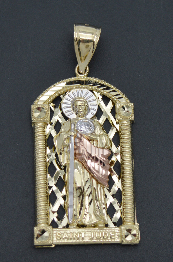 Real Solid 10K Shiny Tri-color Gold Saint Jude Diamond Cut Pendant 9.6gr