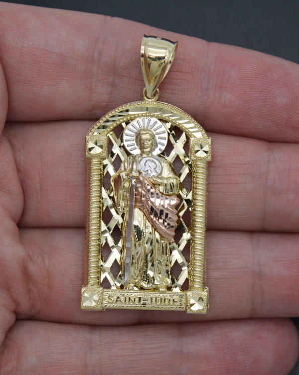 Real Solid 10K Shiny Tri-color Gold Saint Jude Diamond Cut Pendant 9.6gr