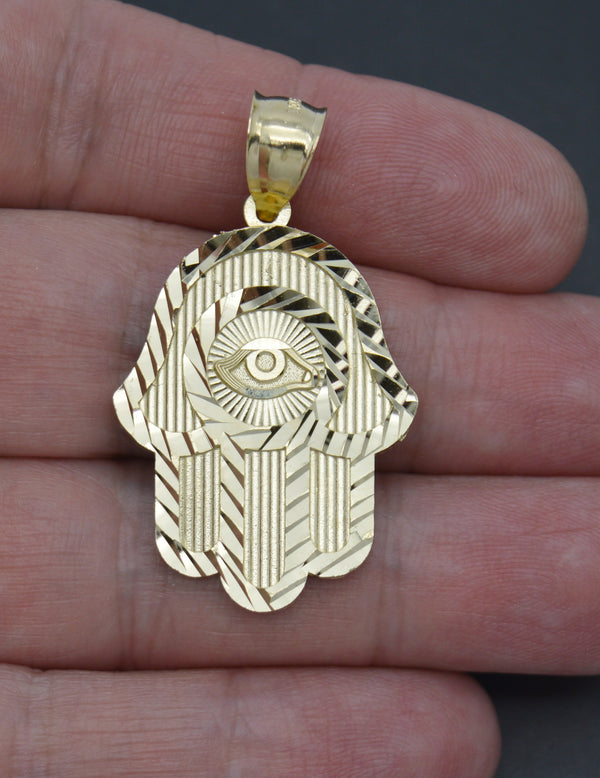 Real Solid 10K Yellow Gold Shiny Hamsa Evil Eye Religious Charm Pendant 3.8gr