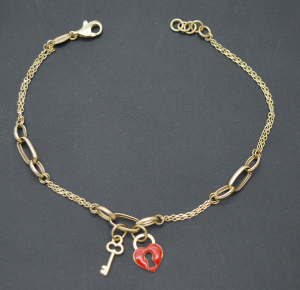 Real 14K Yellow Solid Gold Shiny 7.5" Key With Lock Linked Chain Bracelet 2.5 gr