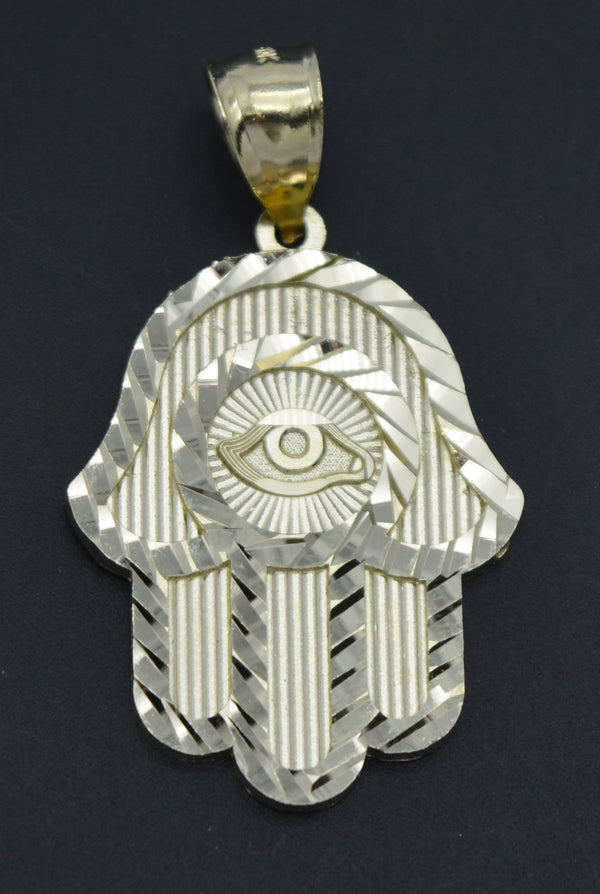 Real Solid 10K Yellow Gold Shiny Hamsa Evil Eye Religious Charm Pendant 3.8gr