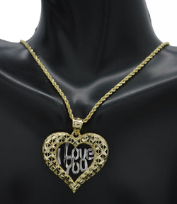 Real 10K Yellow Gold Diamond Cut Heart I Love You Pendant+Rope Chain 16"-24"