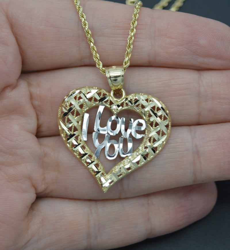 Real 10K Yellow Gold Diamond Cut Heart I Love You Pendant+Rope Chain 16"-24"