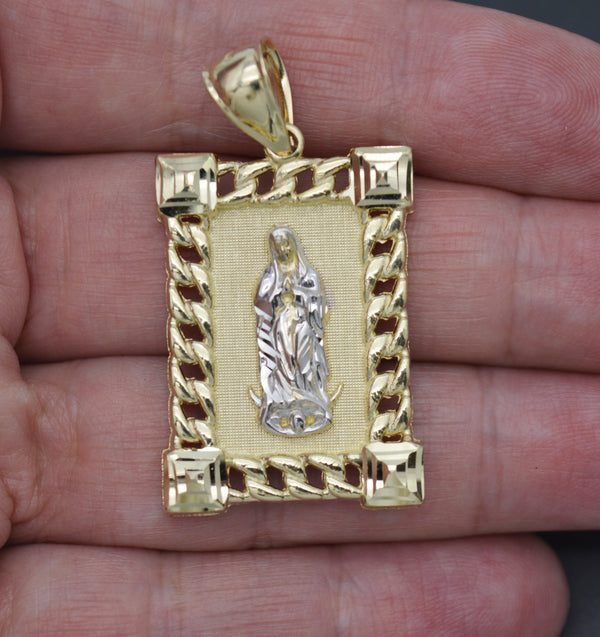 Real Solid 10K Yellow White Gold Shiny Virgin Mary Lady Guadalupe Pendant 6.3gr