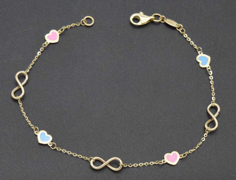 Real 14K Yellow Solid Gold 7" Shiny Infinity Coloring Hearts Link Bracelet 1.5gr