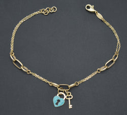 Real 14K Yellow Solid Gold Shiny 7.5" Linked Chain Key With Lock Bracelet 2.5 gr