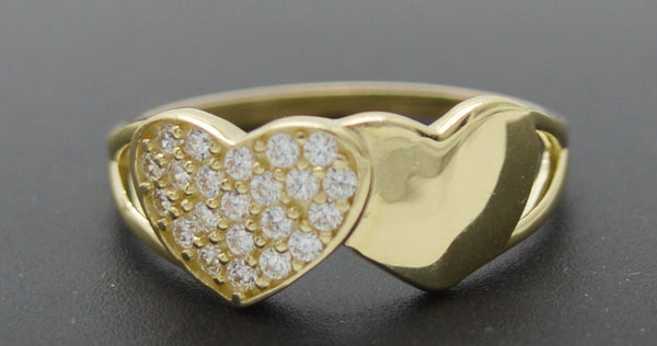 Real 10K Solid Yellow Gold Double Heart Shiny CZ & Plain Ring 1.9gr All Sizes