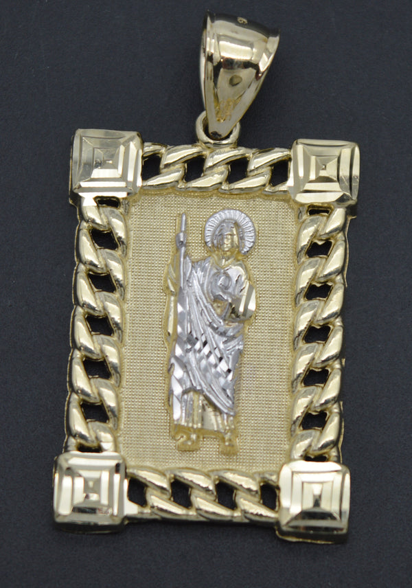 Real 10K Solid Yellow White Gold Shiny Diamond Cut Saint Jude Pendant 6.5gr