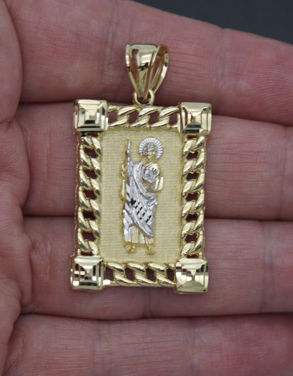 Real 10K Solid Yellow White Gold Shiny Diamond Cut Saint Jude Pendant 6.5gr