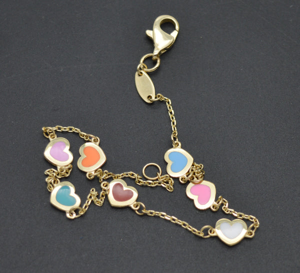 Real 14K Yellow Solid Gold 7.5" Shiny Coloring Hearts Linked Bracelet 1.8 gr