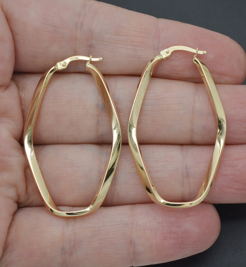 Real 14K Yellow Gold Shiny Polished Twisted Oval Charm Hoop Earrings 2.4 grams