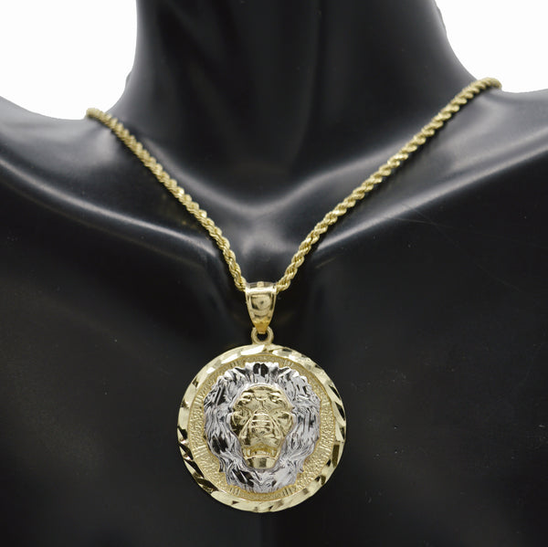 Real 10k Yellow Solid Gold Lion Head Diamond Cut Pendant + Rope Chain 16"-24"