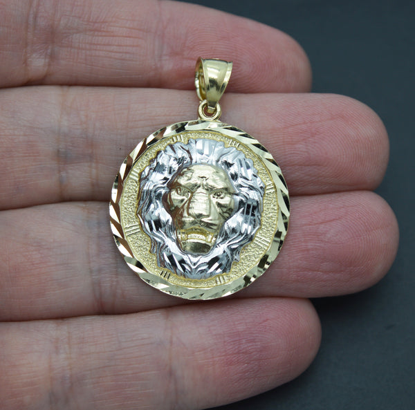 Real 10k Yellow Solid Gold Lion Head Diamond Cut Pendant + Rope Chain 16"-24"