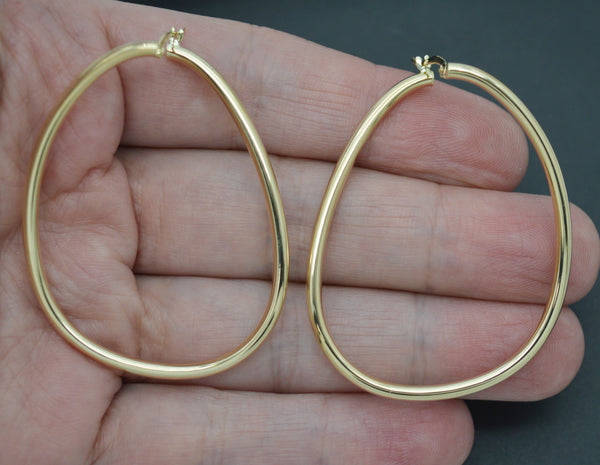 Real 14K Yellow Gold Shiny Polished Big Large Oval Hoop Earrings 3.3 grams