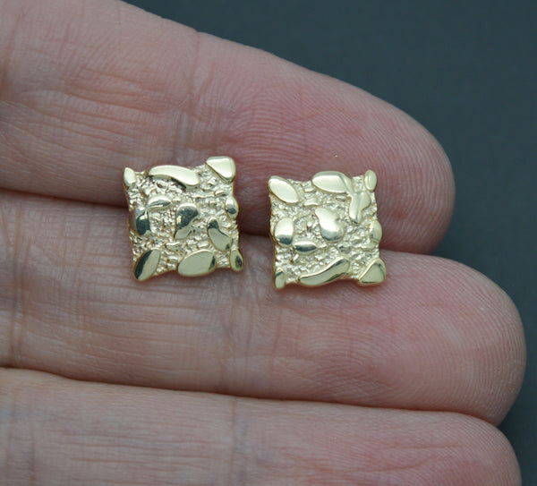 Real 10K Solid Yellow Gold 10mm Nugget Square Cut Stud Earrings 3.1gr Men-Women.jpg