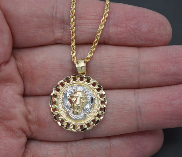 Real 10k Yellow Solid Gold Cuban Cut Lion Head Pendant + Rope Chain 16"-24"