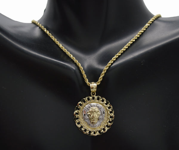 Real 10k Yellow Solid Gold Cuban Cut Lion Head Pendant + Rope Chain 16"-24"