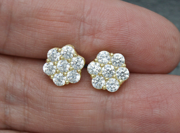 Real 10K Solid Yellow Gold Shiny Women's Flower Pave CZ Charm Stud Earrings.jpg