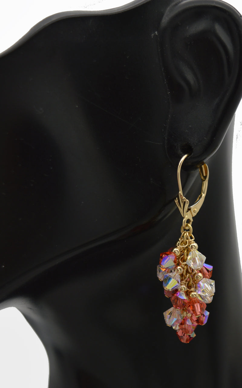 Real 14k Solid Gold Swarovski Crystal Grape Madew Leverback Multicolor Earrings