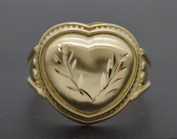 Real 10k Yellow Solid Gold Heart Shape Tree Leaf Design Shiny Ring 2.2 grams