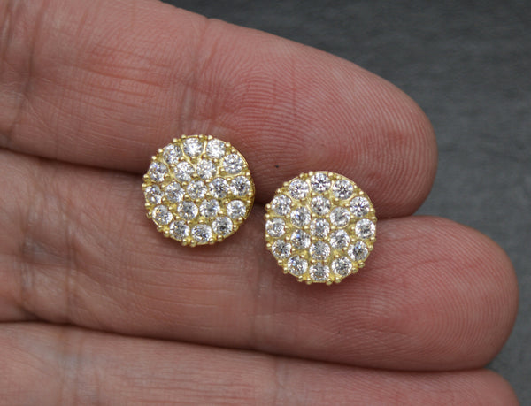 Real 10K Solid Yellow Gold 11.3mm Men's CZ Halo Circle Cluster Stud Earrings 2.2gr.jpg.