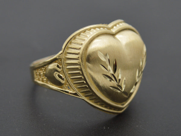 Real 10k Yellow Solid Gold Heart Shape Tree Leaf Design Shiny Ring 2.2 grams