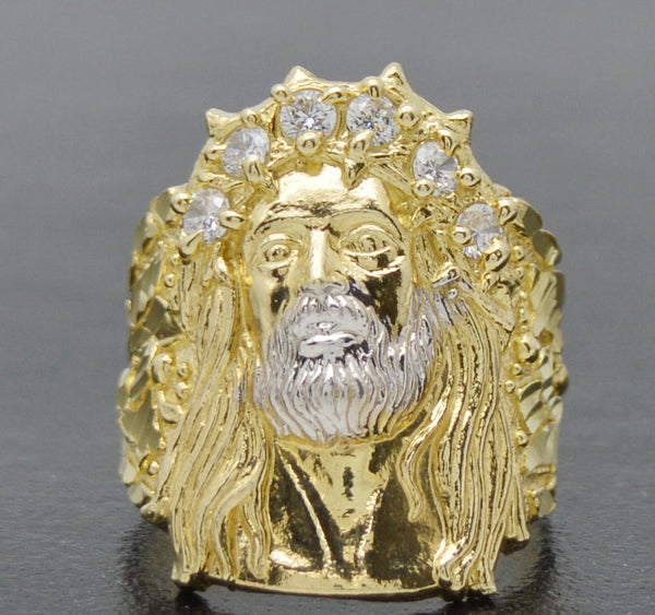 Real Solid 10K Yellow Gold Men's Jesus Head Nugget CZ Ring 27mm ALL Sizes