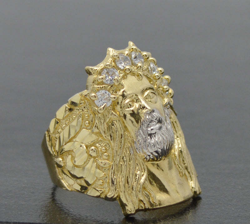 Real Solid 10K Yellow Gold Men's Jesus Head Nugget CZ Ring 27mm ALL Sizes