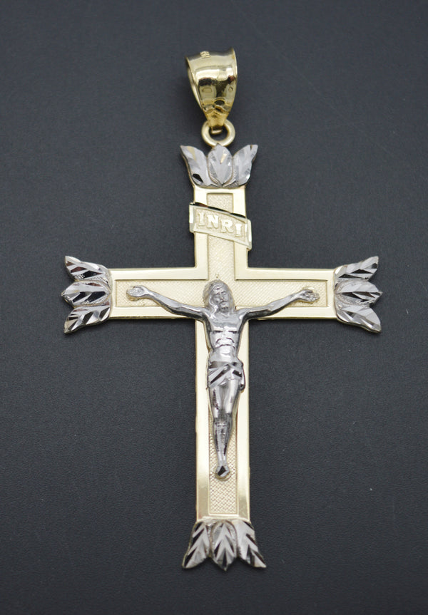 Real 10K Solid Yellow-White Gold 67mm Shiny Jesus Crucifix Cross Pendant 5.8gr