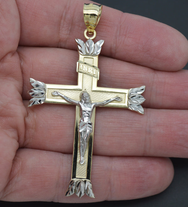 Real 10K Solid Yellow-White Gold 67mm Shiny Jesus Crucifix Cross Pendant 5.8gr