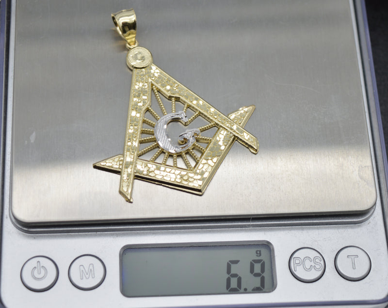 Real 10K Solid Yellow-White Gold Masonic Freemason Bling Charm Pendant 6.9gr.jpg