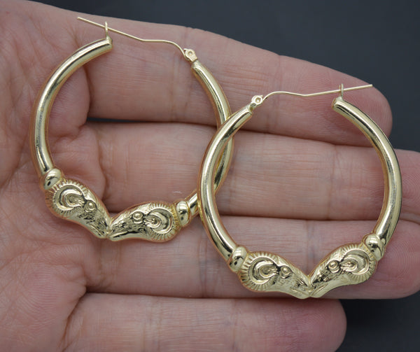 Real 10K Yellow Solid Gold 42mm Shiny Hollow Rams Head Hoop Earrings 3.9 grams