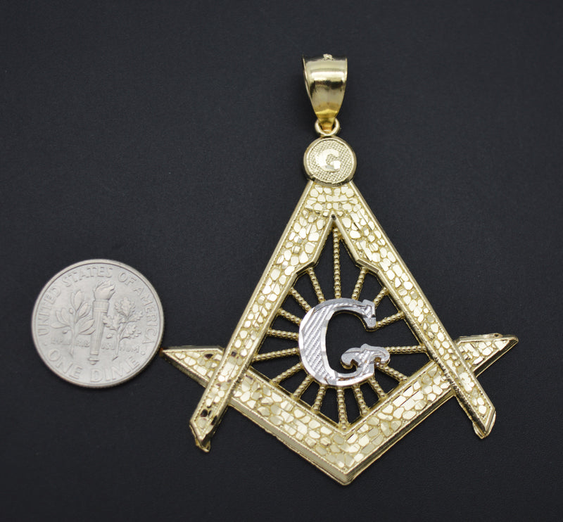 Real 10K Solid Yellow-White Gold Masonic Freemason Bling Charm Pendant 6.9gr.jpg