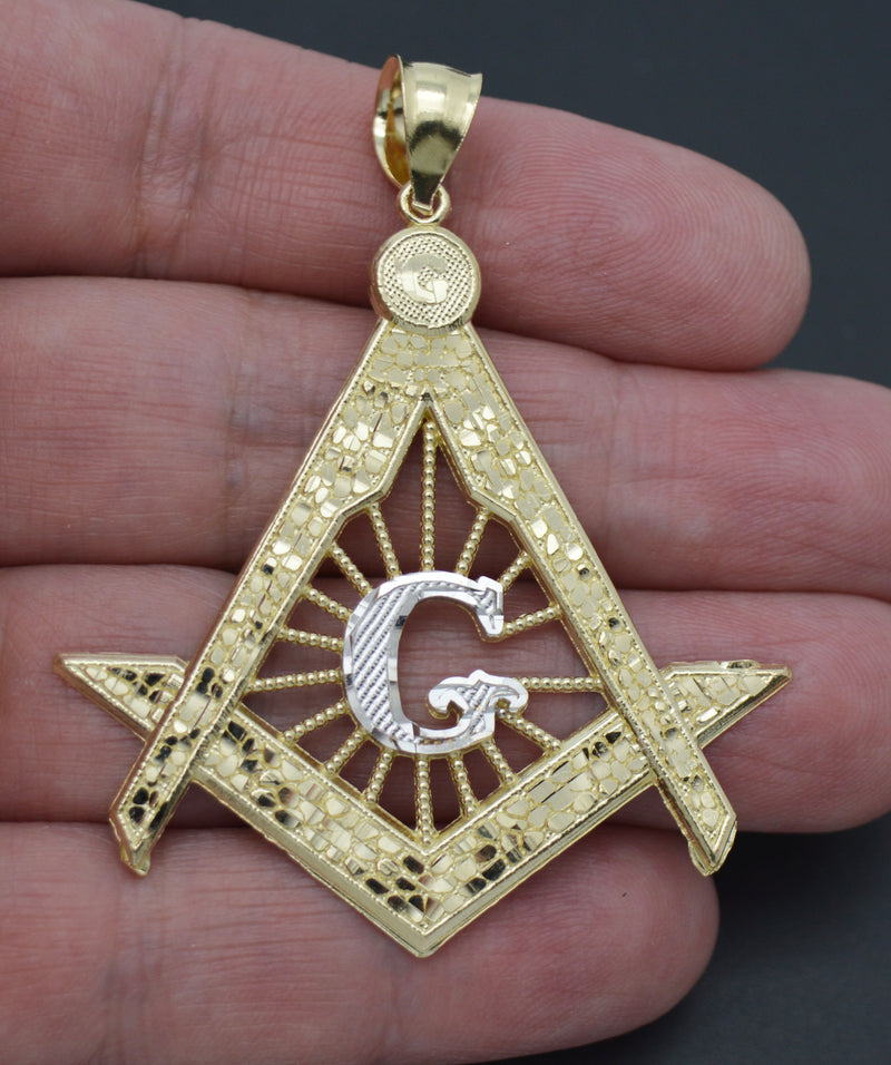 Real 10K Solid Yellow-White Gold Masonic Freemason Bling Charm Pendant 6.9gr.jpg